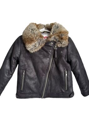 Appaman Moto Jacket Girls Size 5 Black Faux Fur Trim Collar Faux Leather Winter